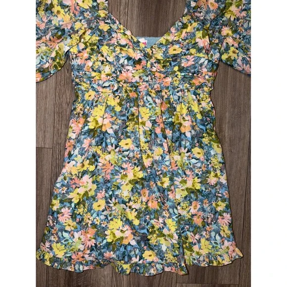 Buddy Love Poppy-3 Floral Mini Dress Blue Yellow Puff Sleeve Smocked Medium Y2 - Picture 4 of 8